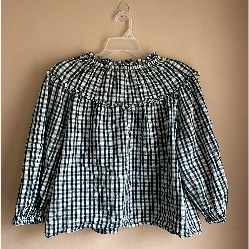 Universal Thread Gingham 3/4 sleeve blue and green ruffle shirt